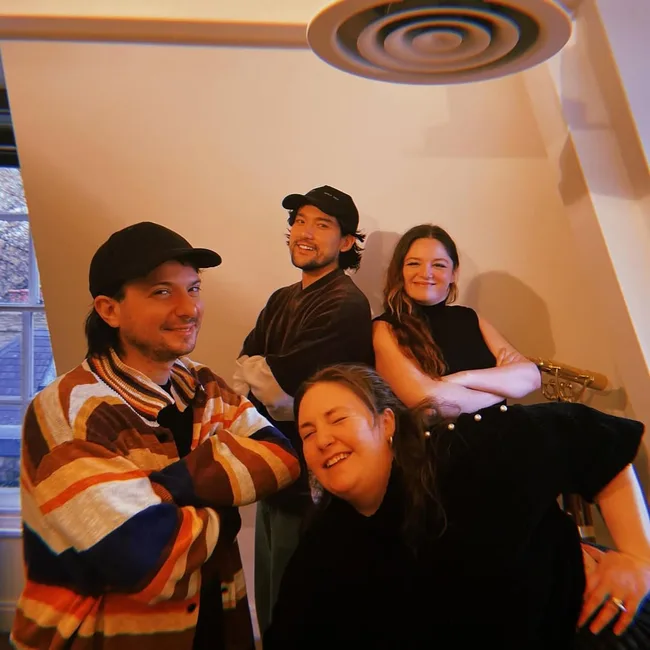 lena dunham and husband luis felber pose for a selfie with will sharpe and megan stalter