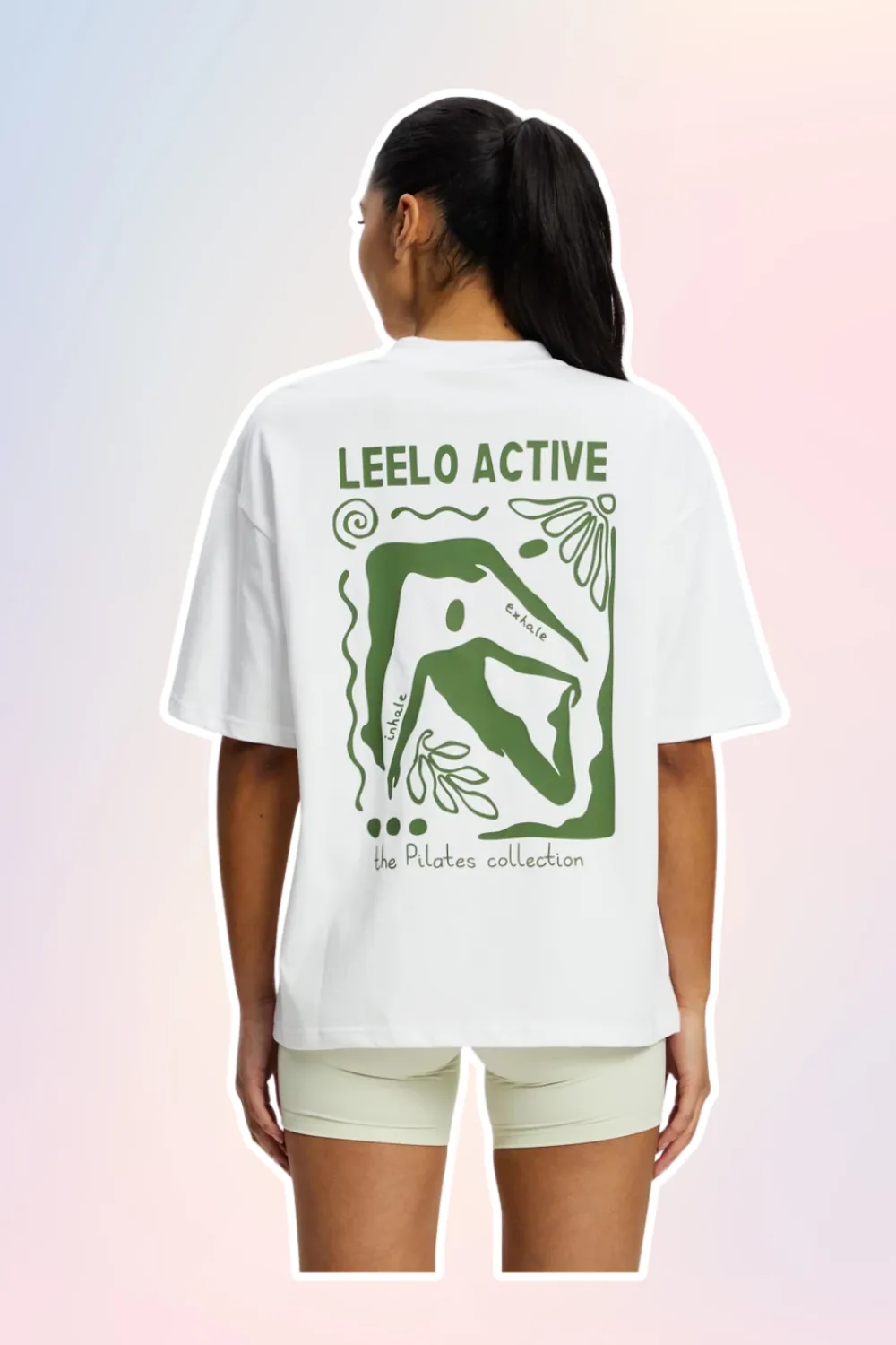 White activewear tshirt with green print that says "Leelo Active, the ppilates collection" on it. 