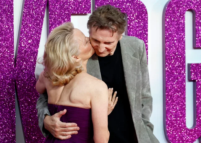 LONDON, ENGLAND - JULY 22: Pamela Anderson and Liam Neeson attend "The Naked Gun" UK Premiere at Cineworld Leicester Square on July 22, 2025 in London, England. (Photo by John Phillips/Getty Images)