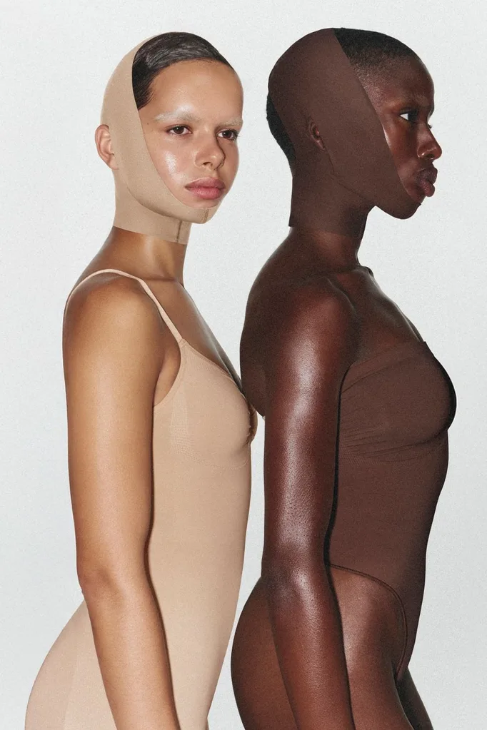 Two girls wearing skims shapewear and the seamless face wrap.