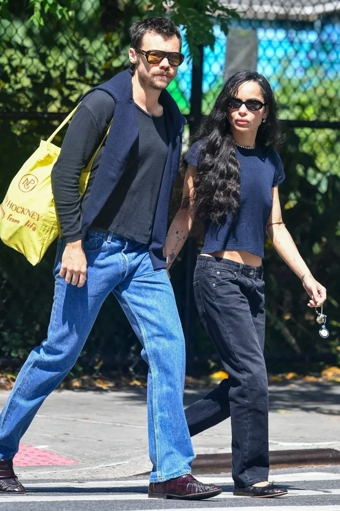 harry styles and zoe kravitz holding hands in new york city in dark clothing
