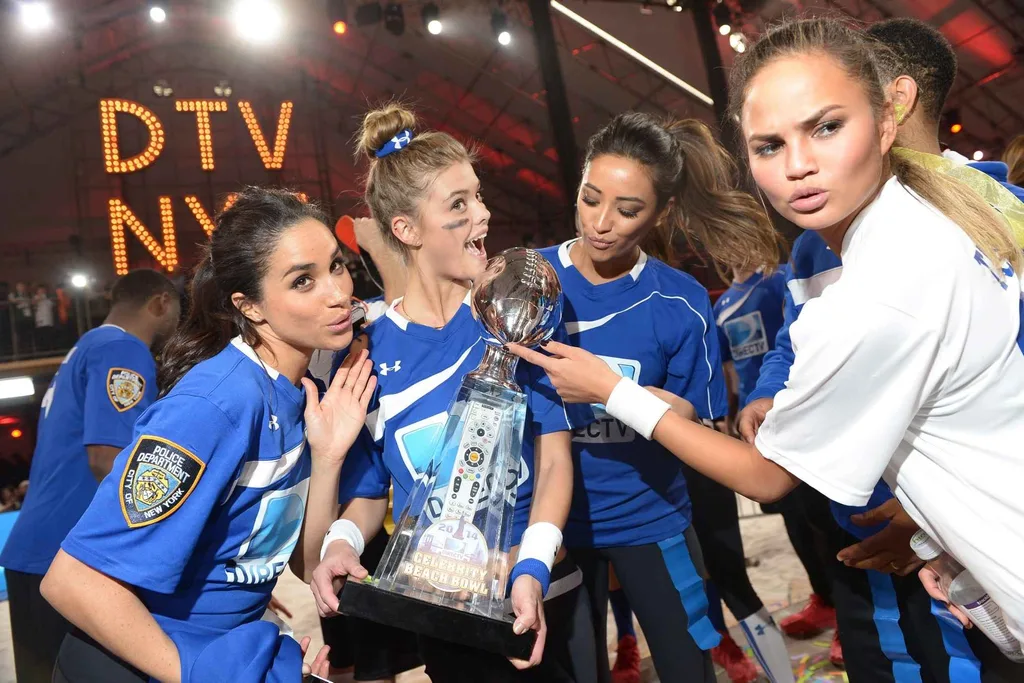 Meghan Markle, Nina Agdal, Shay Mitchell and Chrissy Teigen participate in the DirecTV Beach Bowl at Pier 40 on February 1, 2014 in New York City