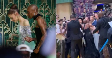 collage of pics of ariana grande and cynthia erivo at wicked premieres