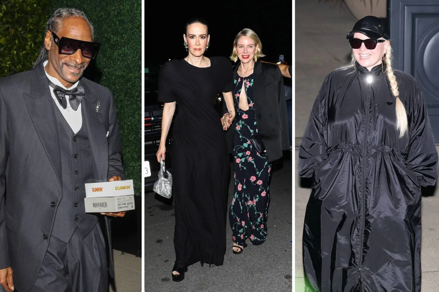 snoop dogg in a tux and sunglasses, sarah paulson and naomi watts holding hands, sia in an oversized blackwindbreaker