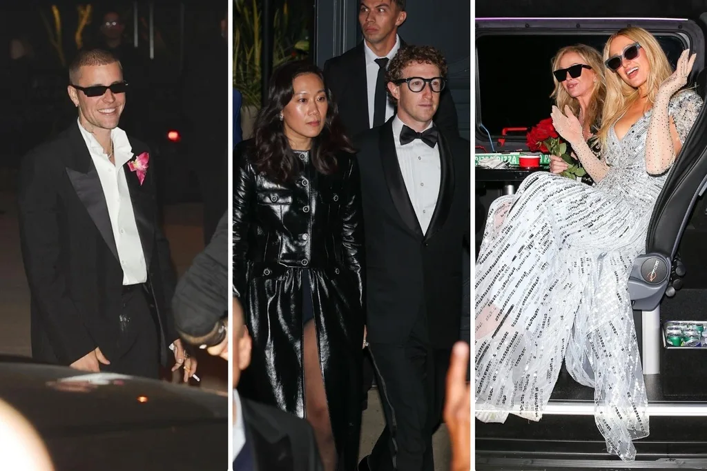 collage image of justin bieber, mark zuckerberg and wife, and kathy and paris hilton all attending kris jenner's 70th birthday party.