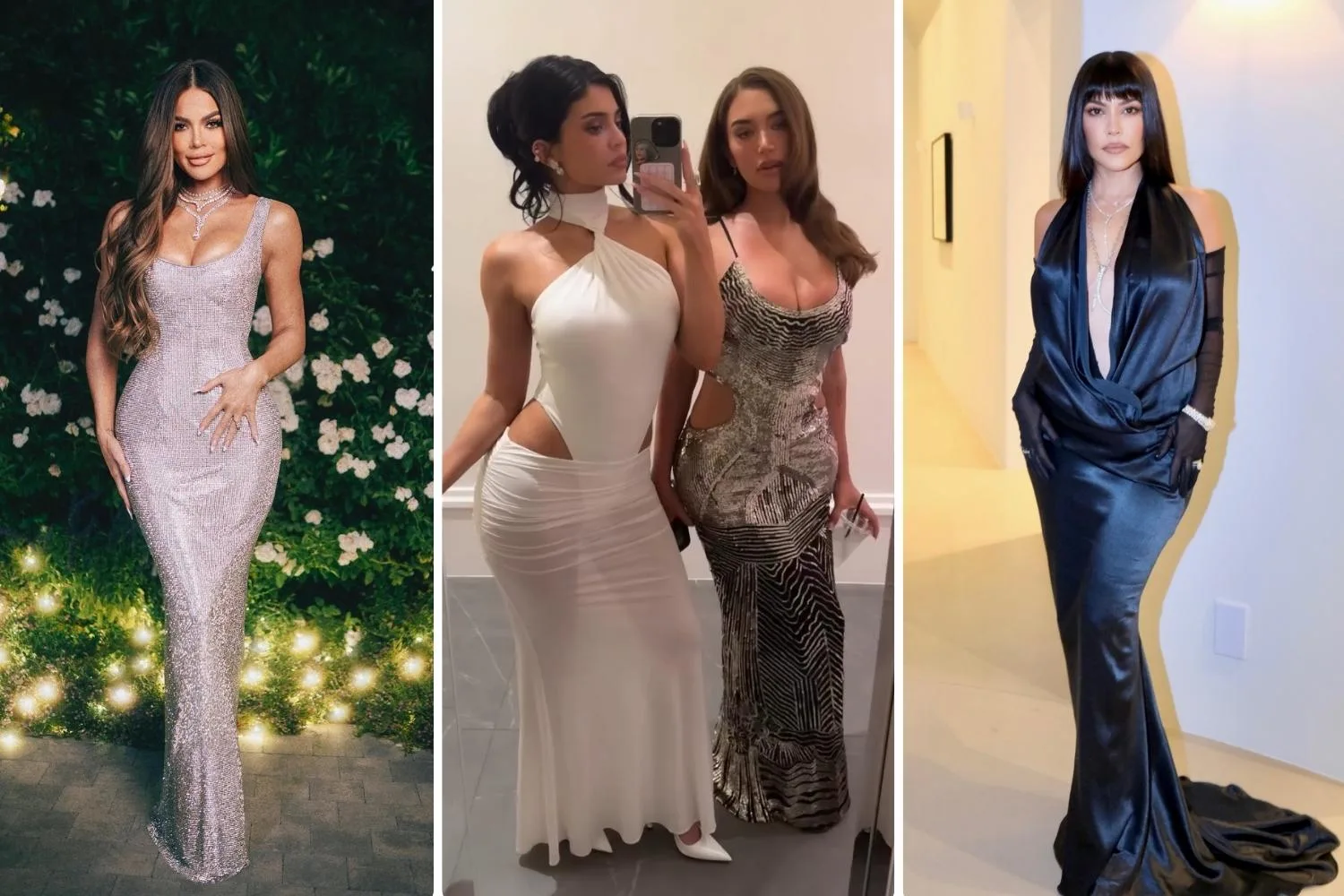 collage with three images of Khloe kardashian in a gown, kylie jenner, and kourtyney kardashian looking glam for kris jenner's party