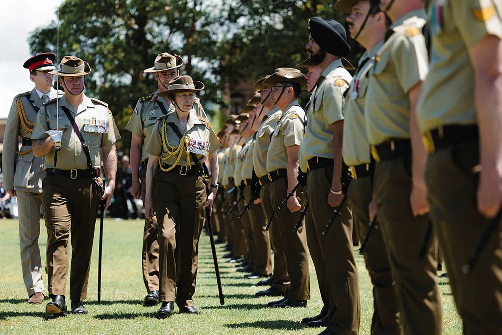 Princess Anne inspecting soldiers at the RASigs centenary parade