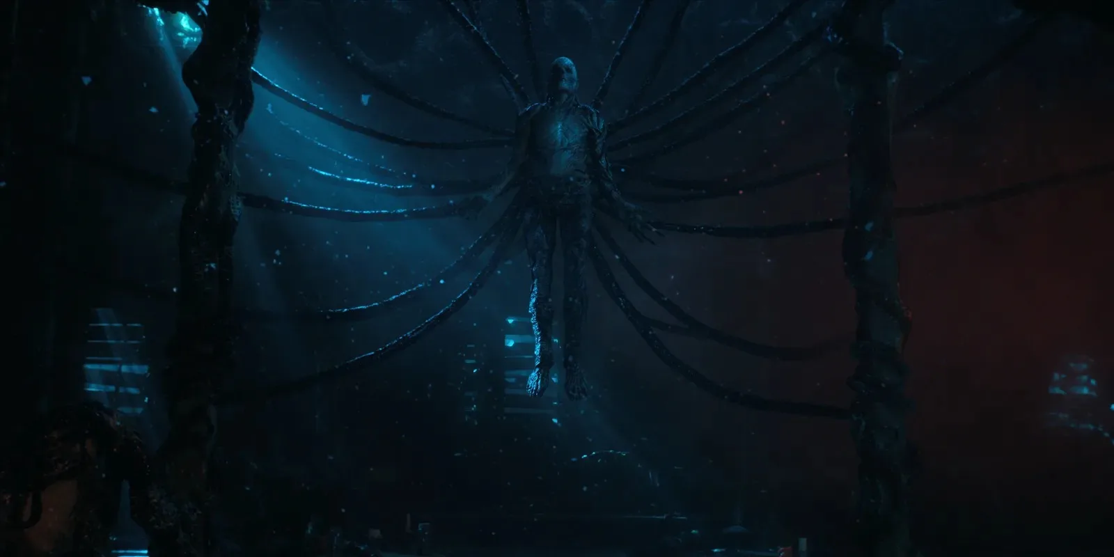 vecna, a creature attached by flesh cords in the darkness