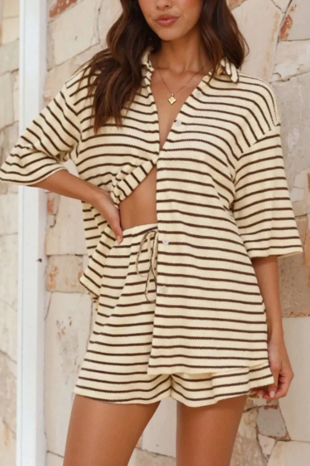 Model wears Shein striped set