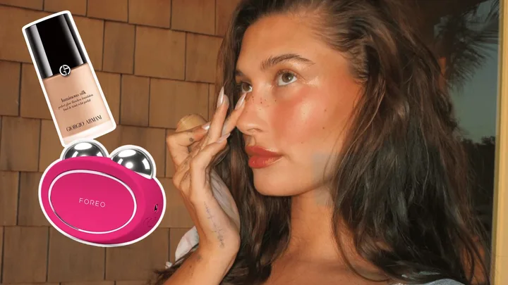 Hailey Bieber with beauty products