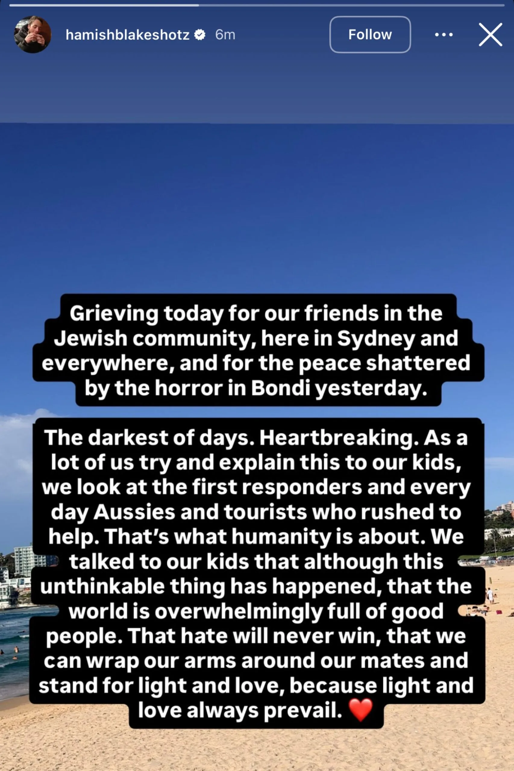 Hamish Blake bondi shooting tribute