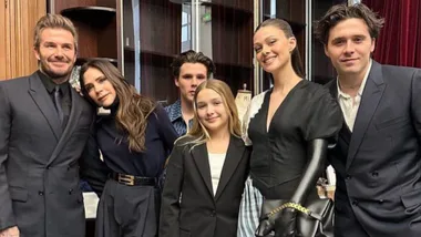 Beckham family and Nicola Peltz at Victoria Beckham runway show. Pic: Getty