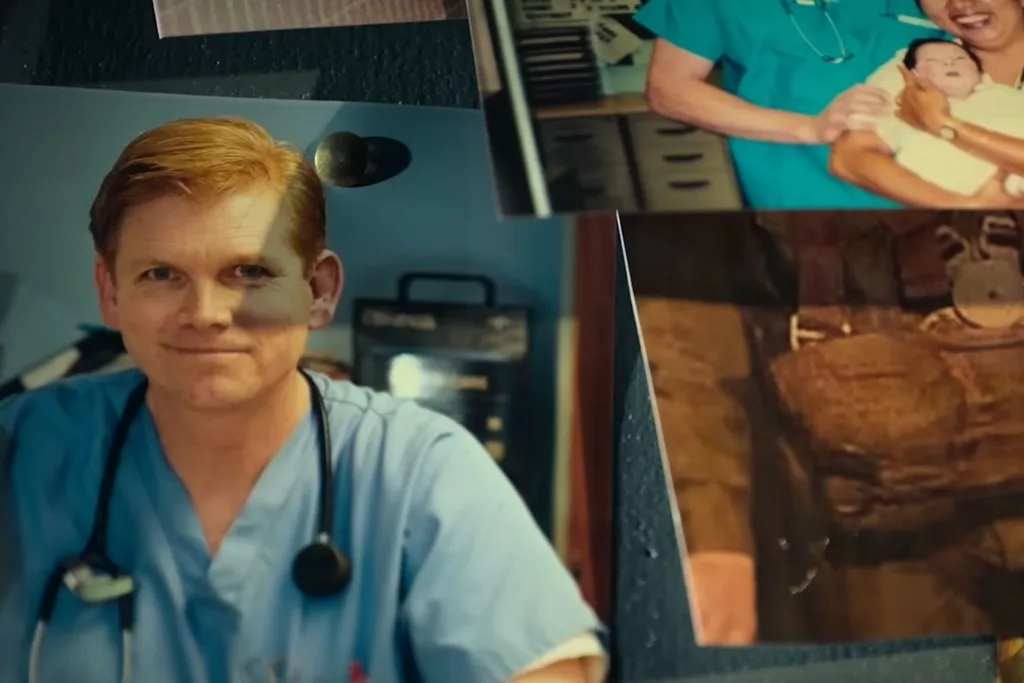 printed pictures of a younger man in a nurses uniform.