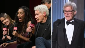 Harrison Ford at the Actors Awards (right) and the actor with Shrinking co-stars (left).