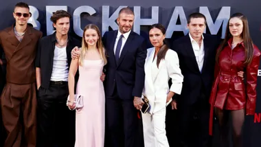 Beckham family and Nicola Peltz at Victoria Beckham runway show. Pic: Getty