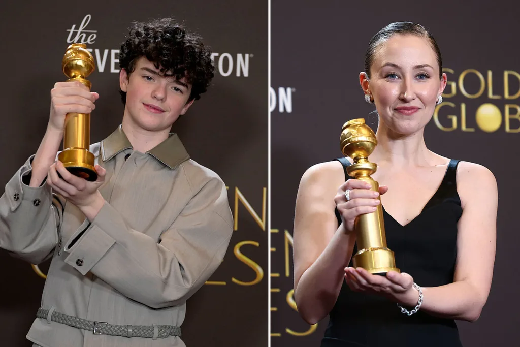 Owen Cooper and Erin Doherty with their Golden Globes. for Adolescence.