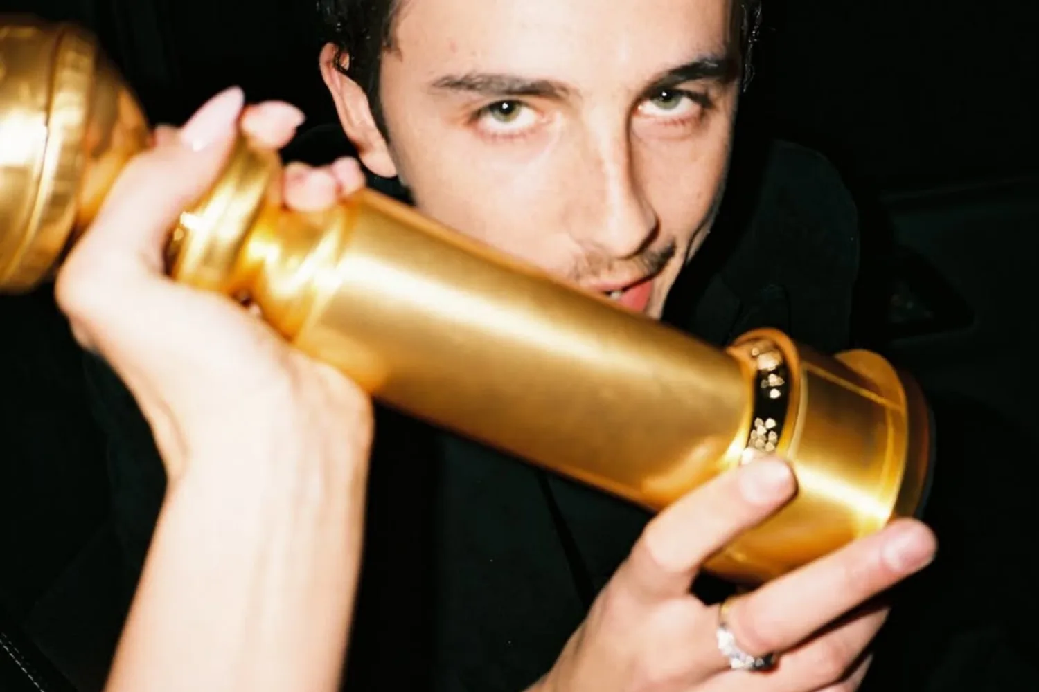 Timothee Chalamet smirks with the Golden Globes held up to his face. 