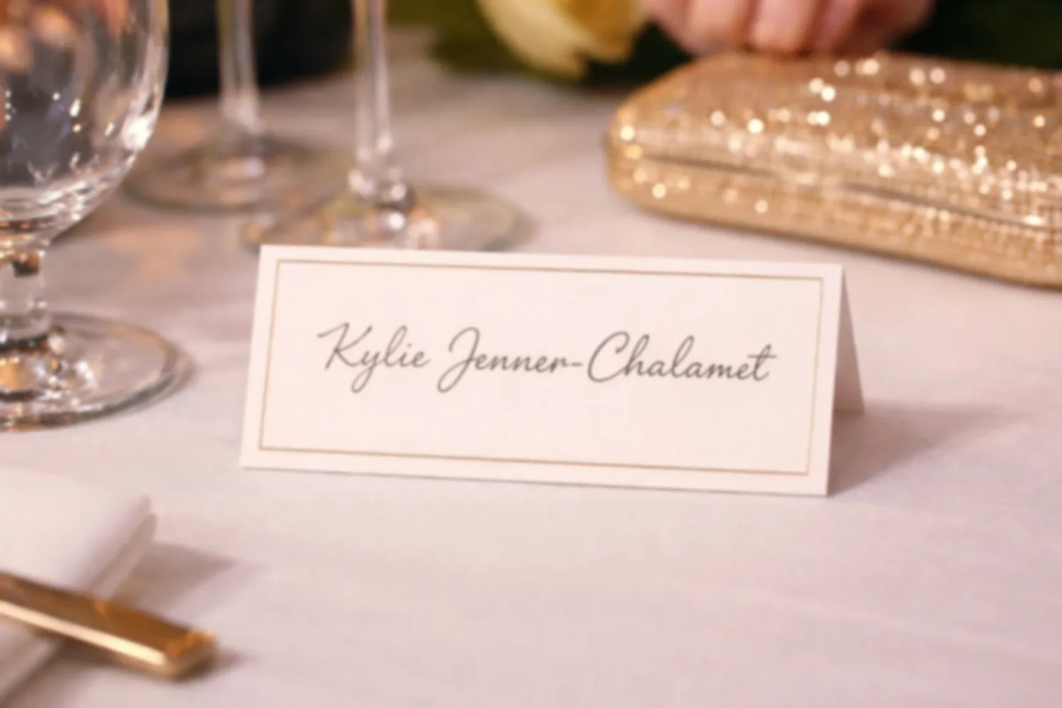 The name card reads: Kylie Jenner-Chalamet.