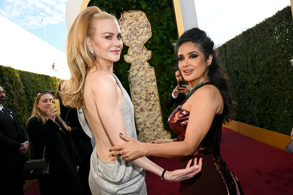 Nicole Kidman and Salma Hayek at the Golden Globes in 2025