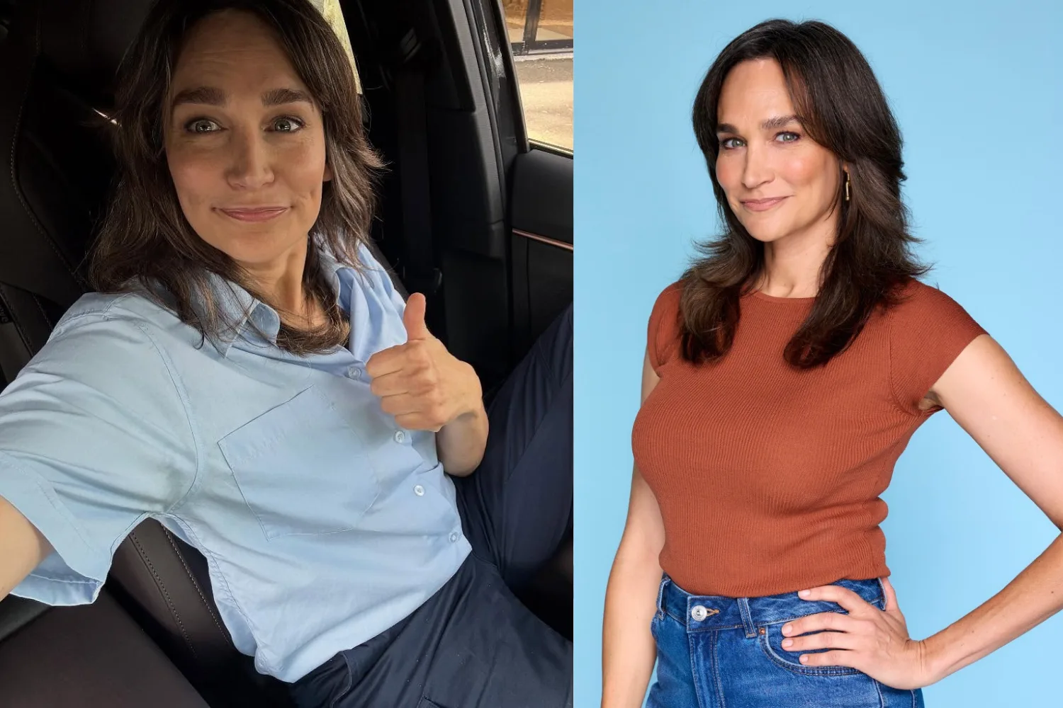 Home and Away's Nicole da Silva smiles with her thumbs up (left) and a head shot (right).