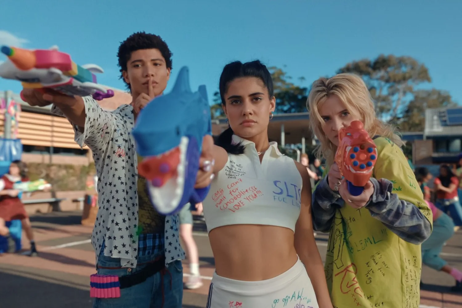 Heartbreak High characters Amerie, Darren, and Harper