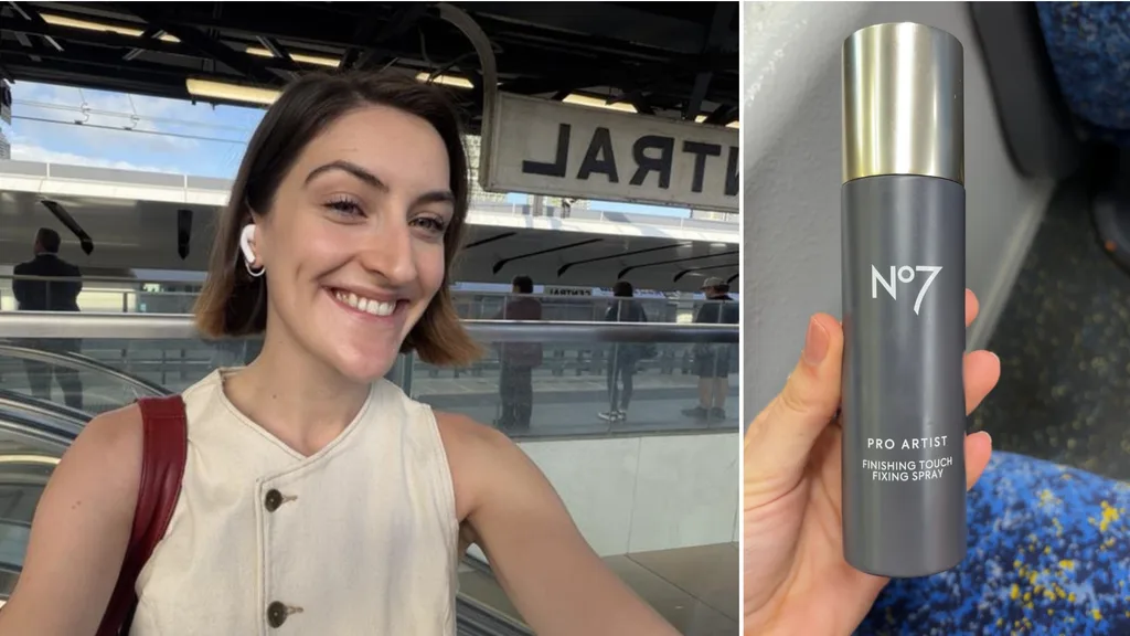 WHO's Sophie Coghill holding up No7 Artist Finishing Touch Setting Spray.