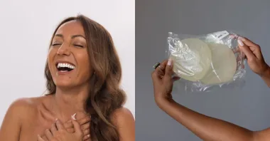 woman on the left clutching her chest smiling, left image is a bag of silicone implants removed