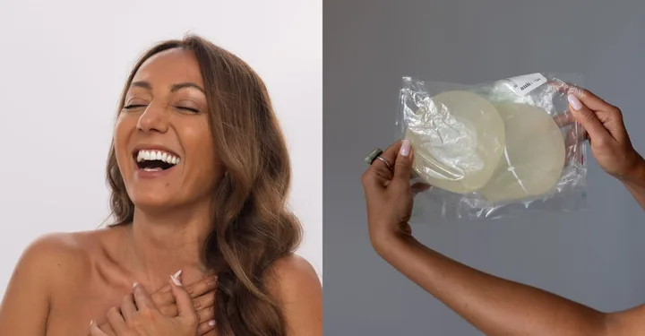 woman on the left clutching her chest smiling, left image is a bag of silicone implants removed