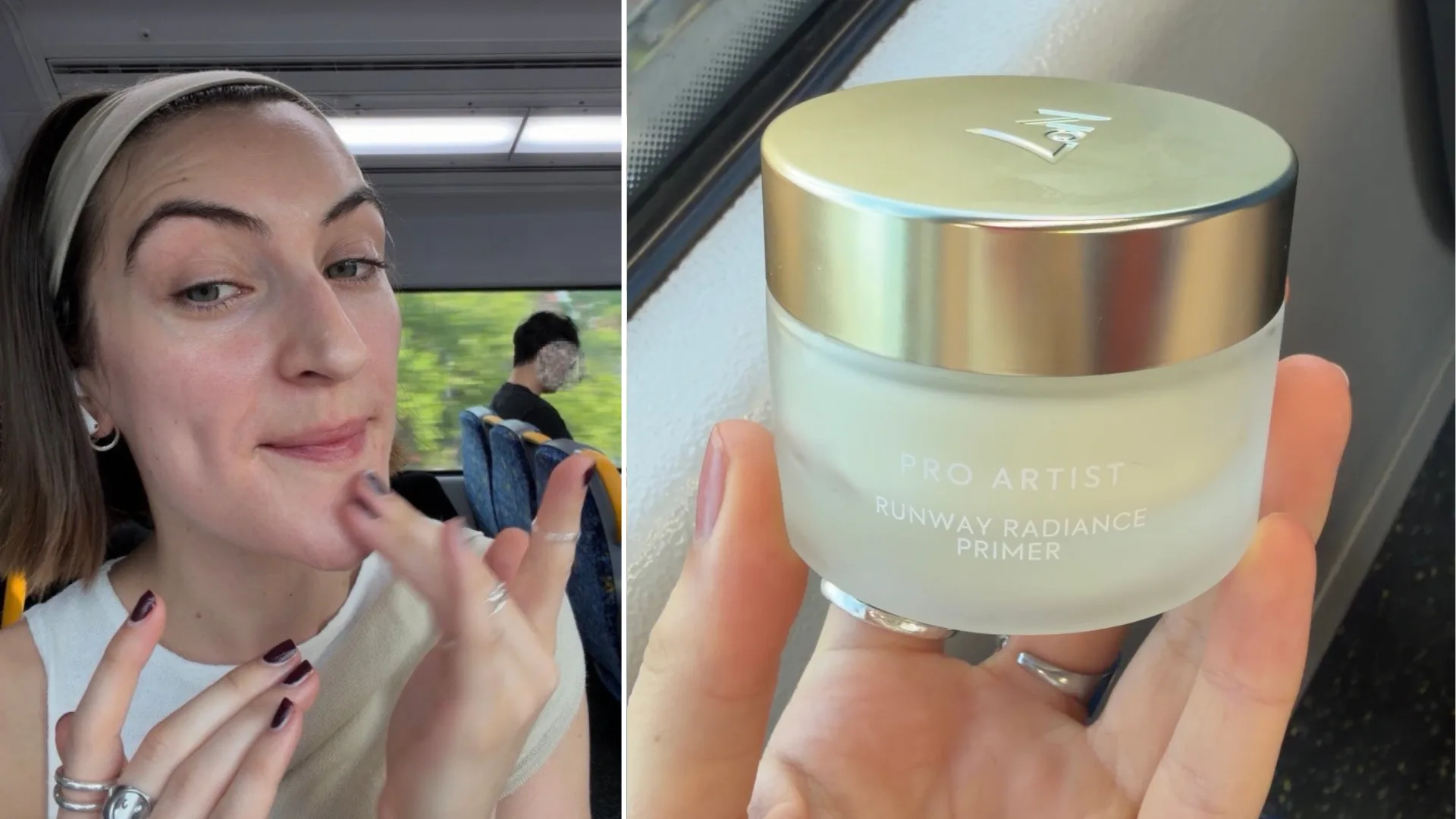WHO's Sophie Coghill tries out No 7 Pro Artist Runaway Radiance Primer on a train.