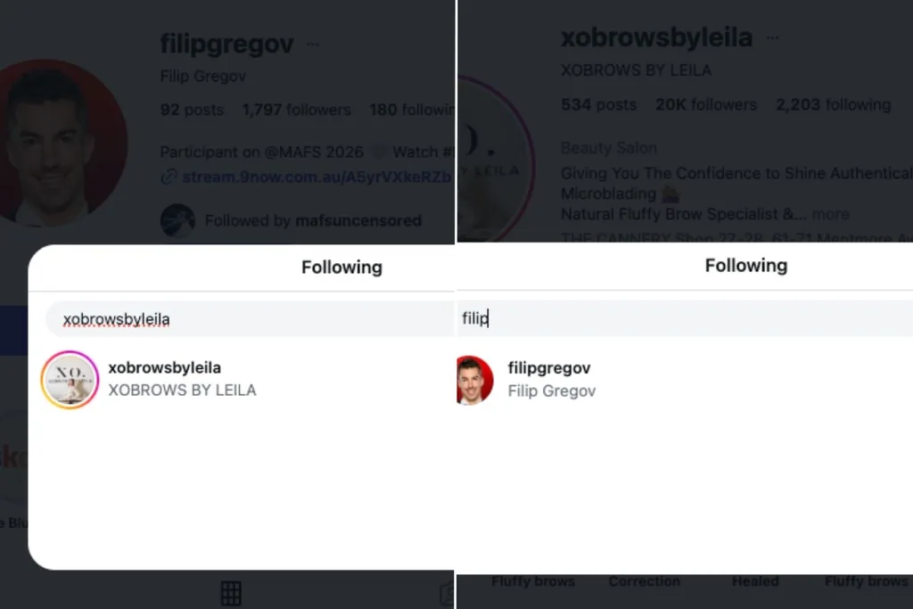 Image that shows MAFS' Filip is following 'wife' Stella's friend Leila on Instagram and vice versa