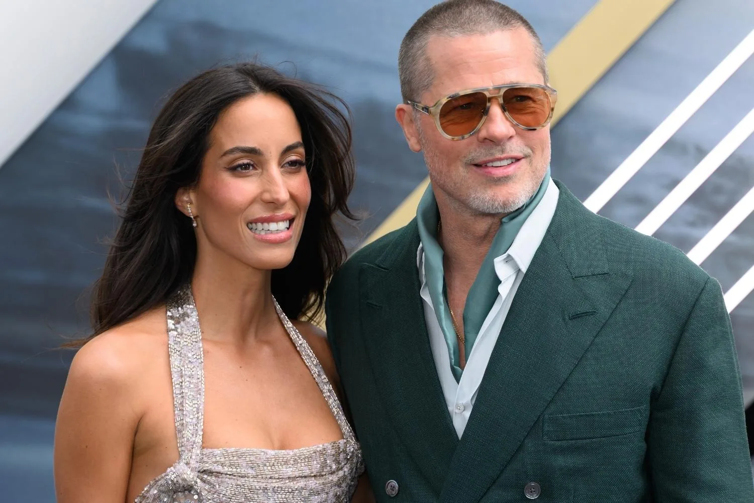 Brad Pitt and Ines de Ramon pose at the F1 movie premiere