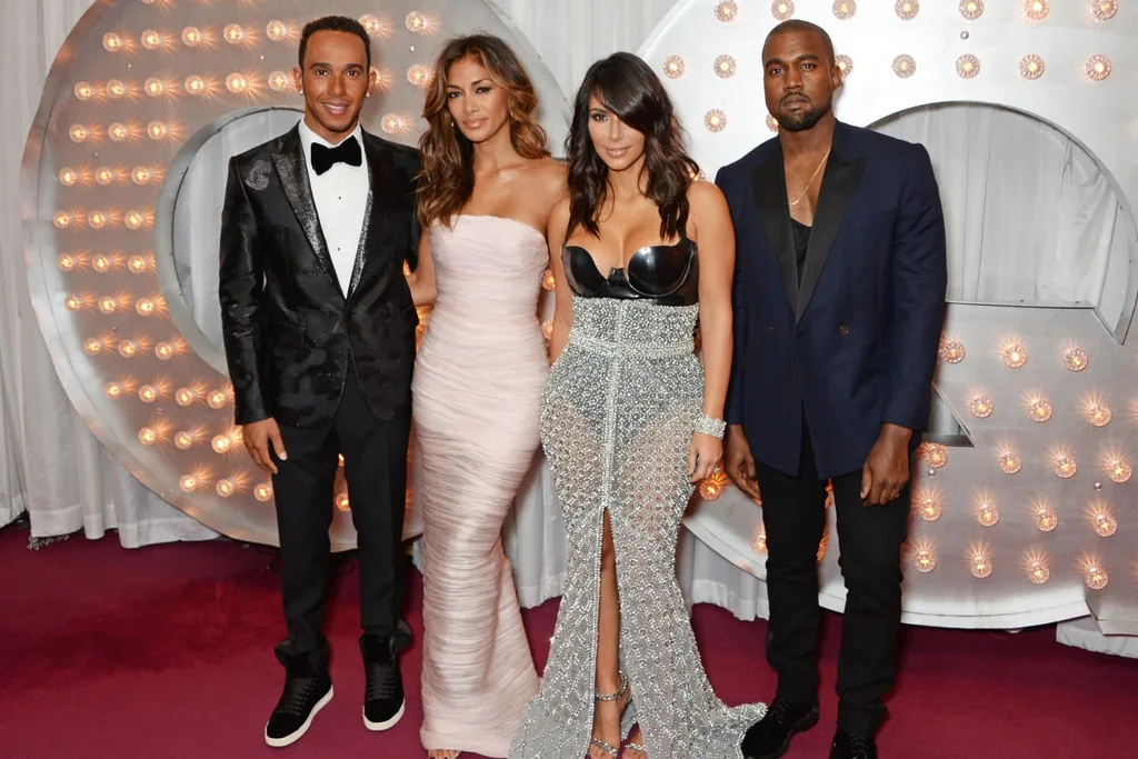 Lewis Hamilton, Nicole Scherzinger, Kim Kardashian and Kanye West. Pic: Getty