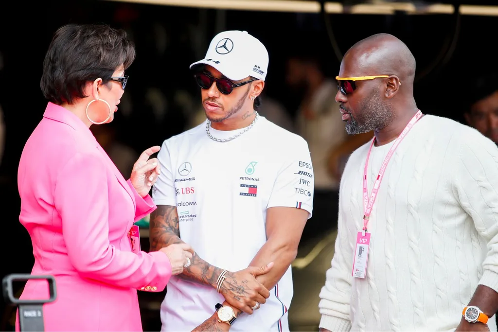 Lewis Hamilton, Kris Jenner, Corey Gamble. Pic: Getty