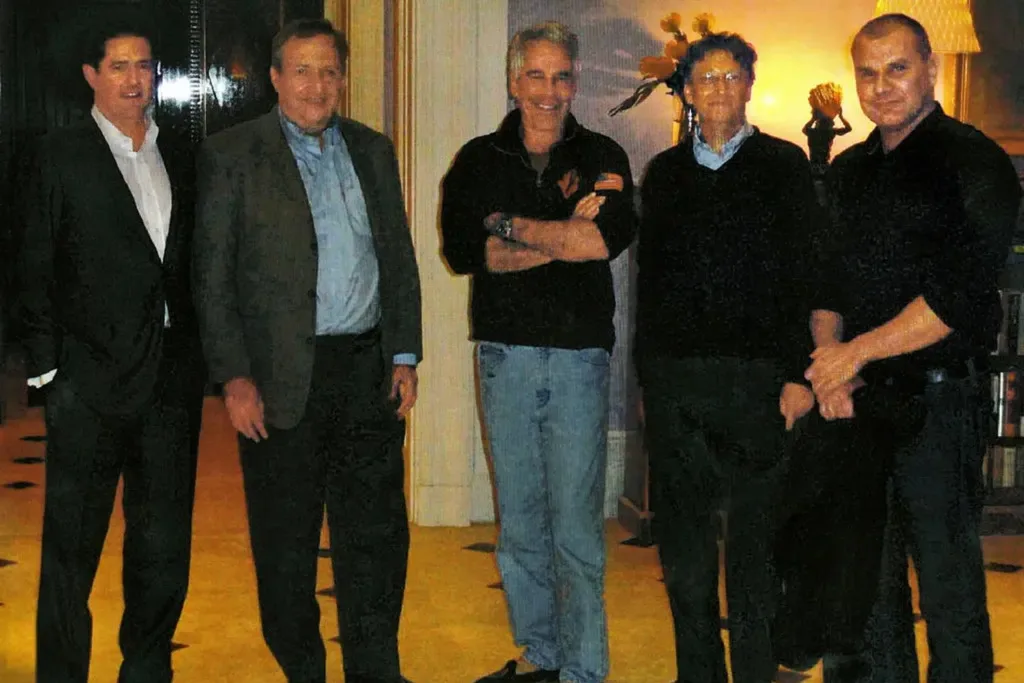 At Jeffrey Epstein’s Manhattan mansion in 2011, from left: James E. Staley, former Treasury Secretary Lawrence Summers; Jeffrey Epstein; Bill Gates, and Boris Nikolic