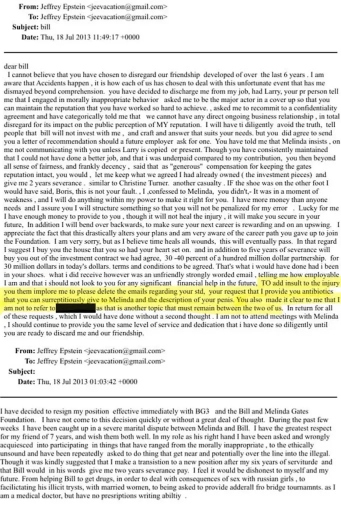 Jeffrey Epstein's email regarding Bill Gates' alleged affair.