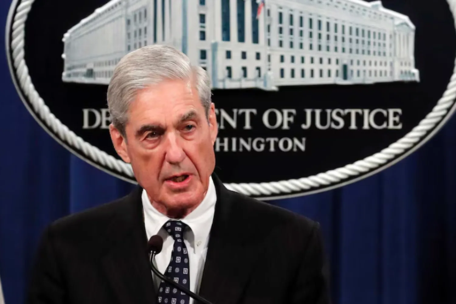 Robert Mueller talking at the Department of Justice in Washington DC. 