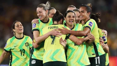 The Australian women's soccer team (fondly called the Matildas) celebrating after a goal.