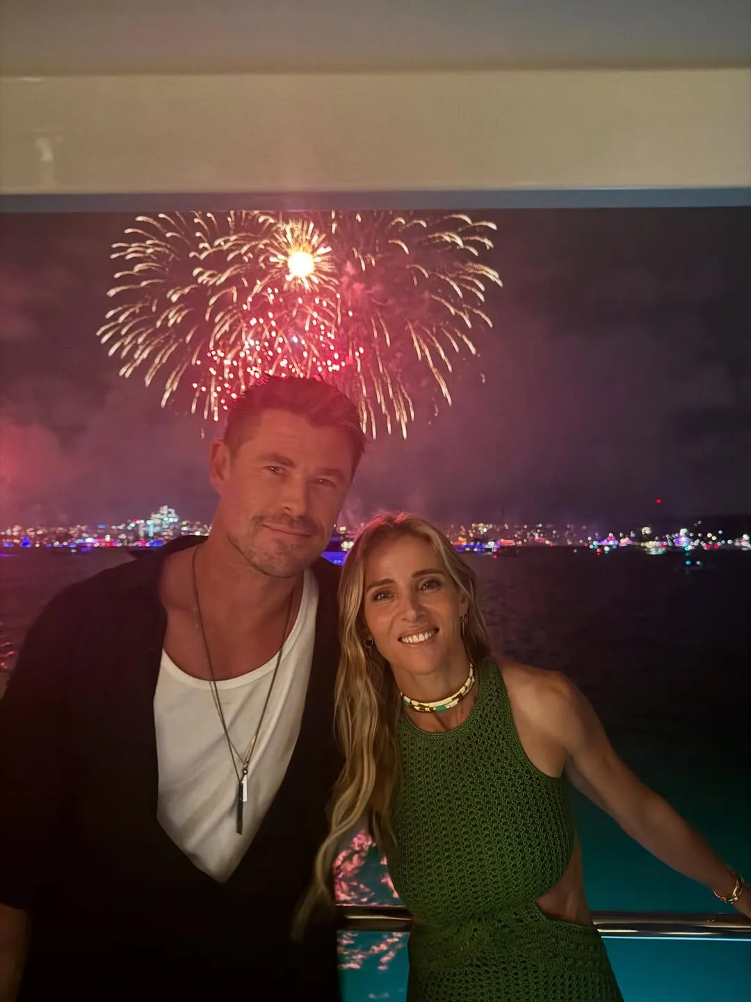 Chris Hemsworth and Elsa Pataky enjoy New Year's fireworks on Sydney Harbour.