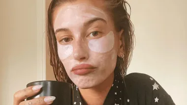 Hailey Bieber wearing under-eye patches.
