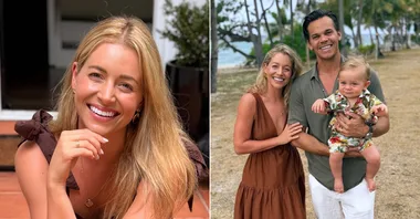 collage of hollly kingston smiling at the camera next to an image of her and her family on a beach holiday