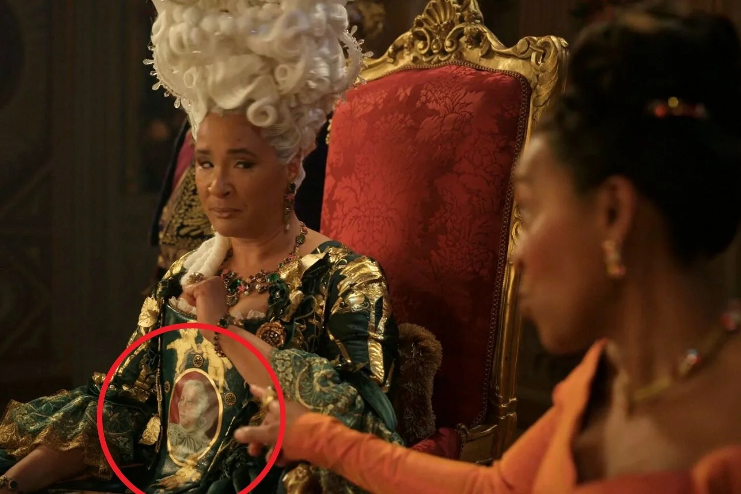 Queen Charlotte hidden detail, King George portrait on her gown