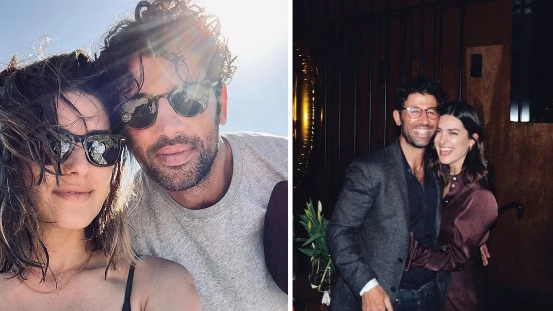 collage of two photos of sarah abo with her husband