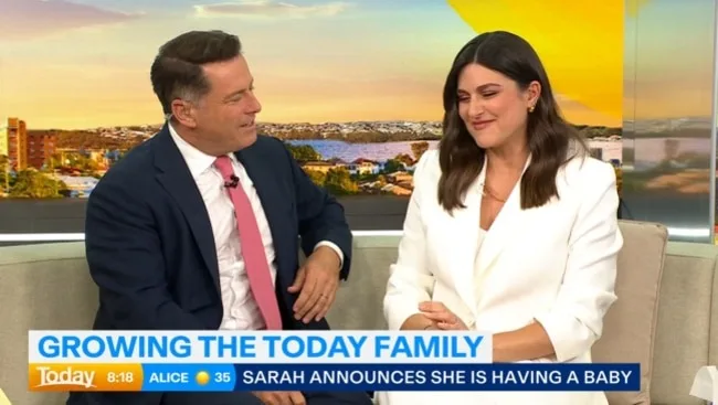 Karl Stefanovic and Sarah Abo on the couch for Today while Sarah announces her pregnancy news