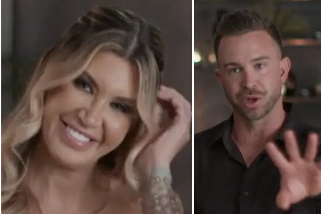 MAFS Gia laughing (left) while Chris mocks Sam (right) after the dinner party.