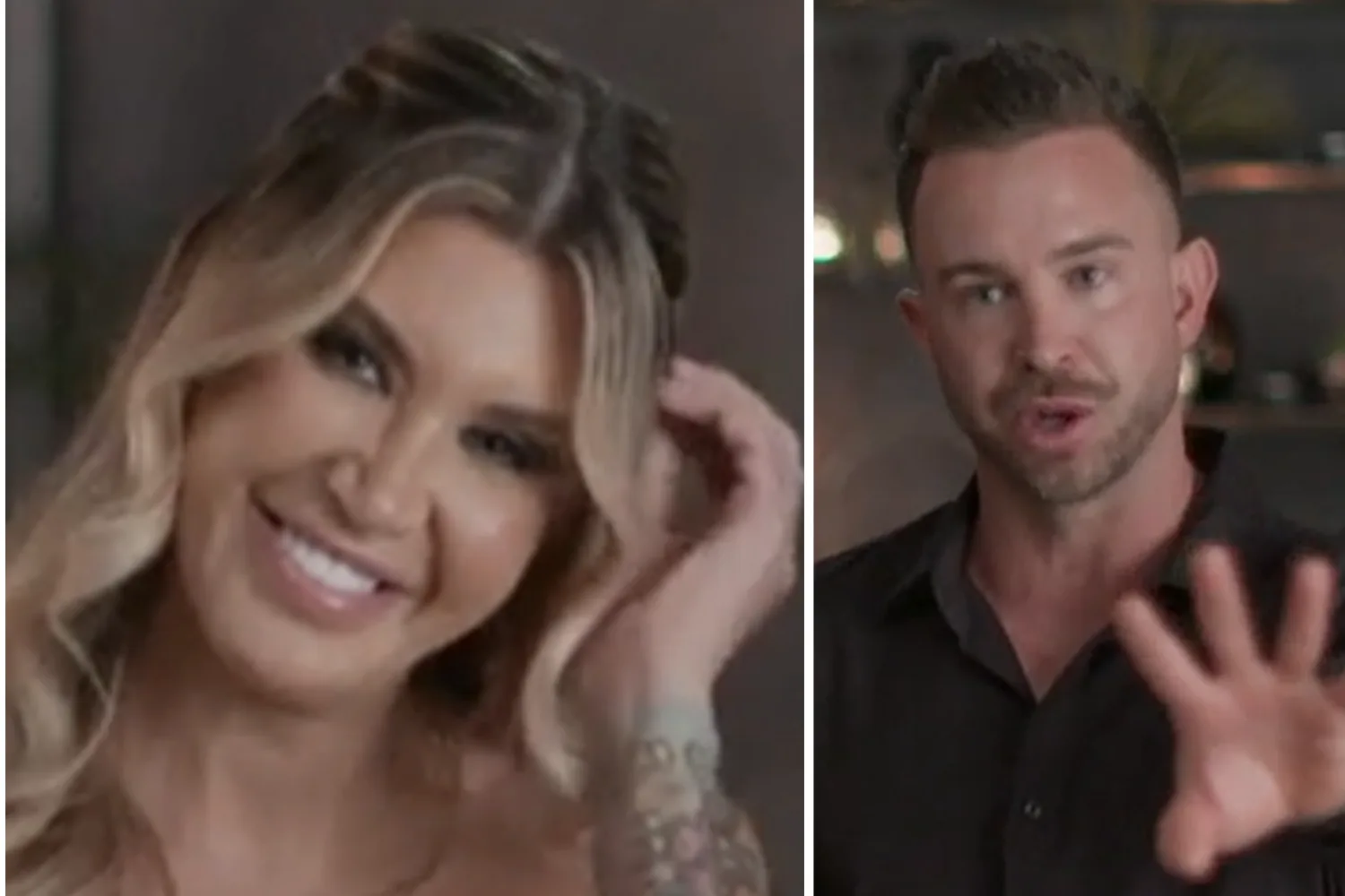MAFS Gia laughing (left) while Chris mocks Sam (right) after the dinner party.