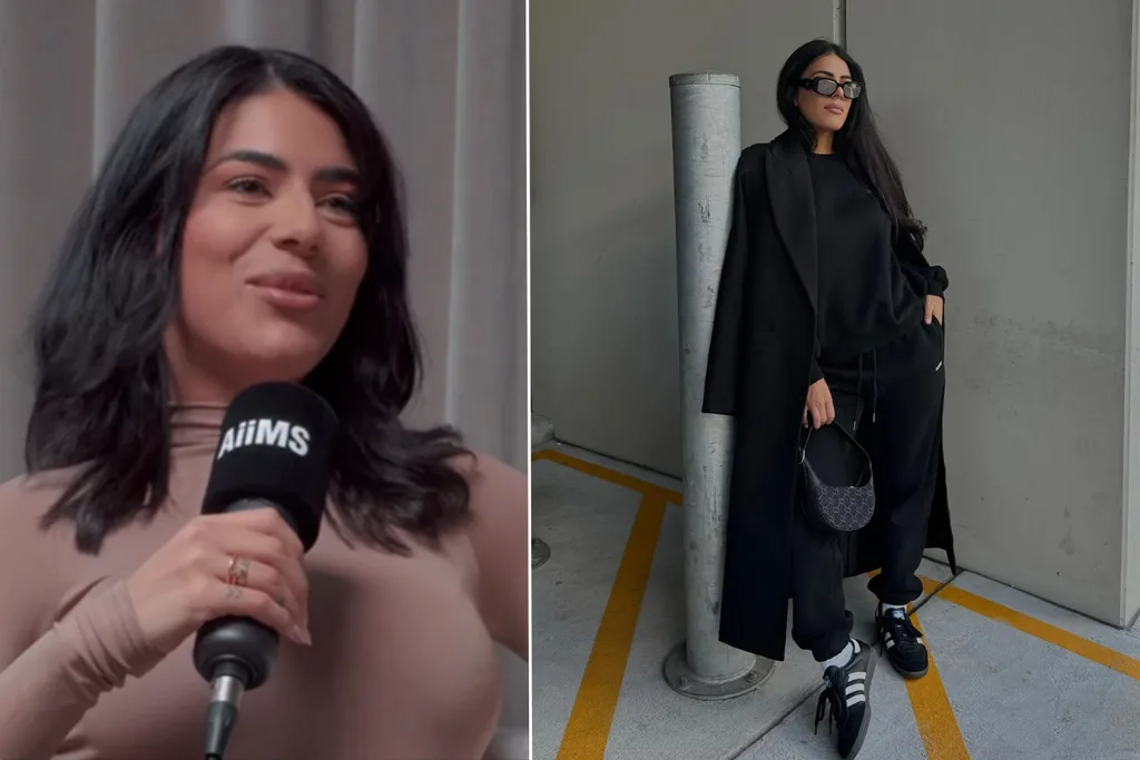 Carina Mirabile speaking into a mic during a podcast record (left) and modelling her fashion line (right).