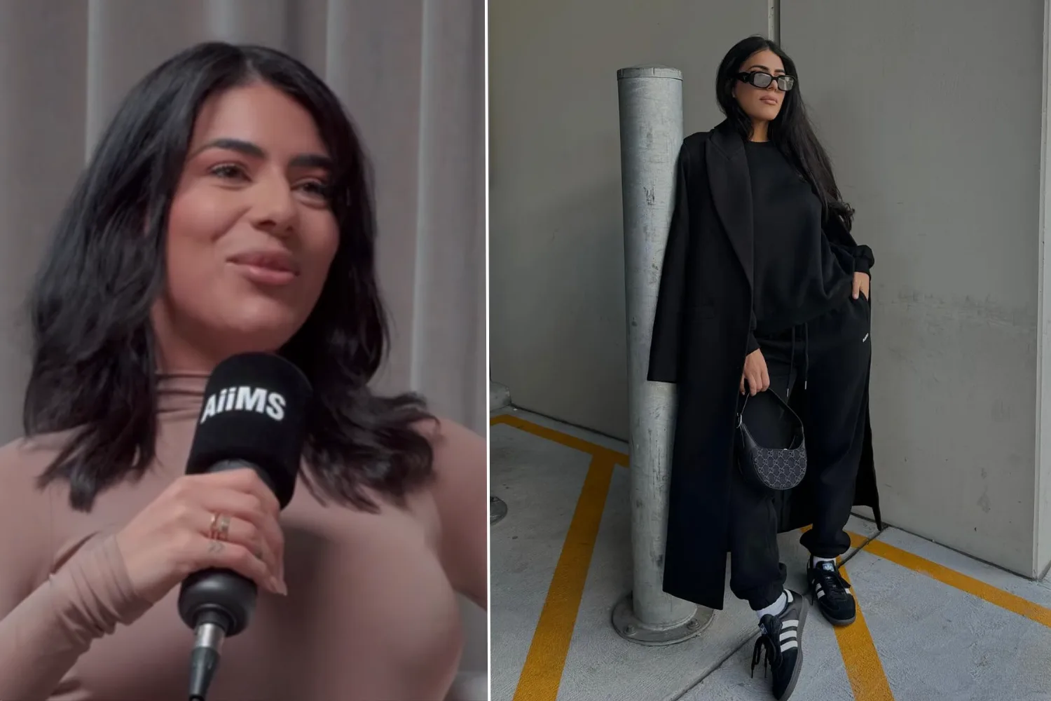 Carina Mirabile speaking into a mic during a podcast record (left) and modelling her fashion line (right). 