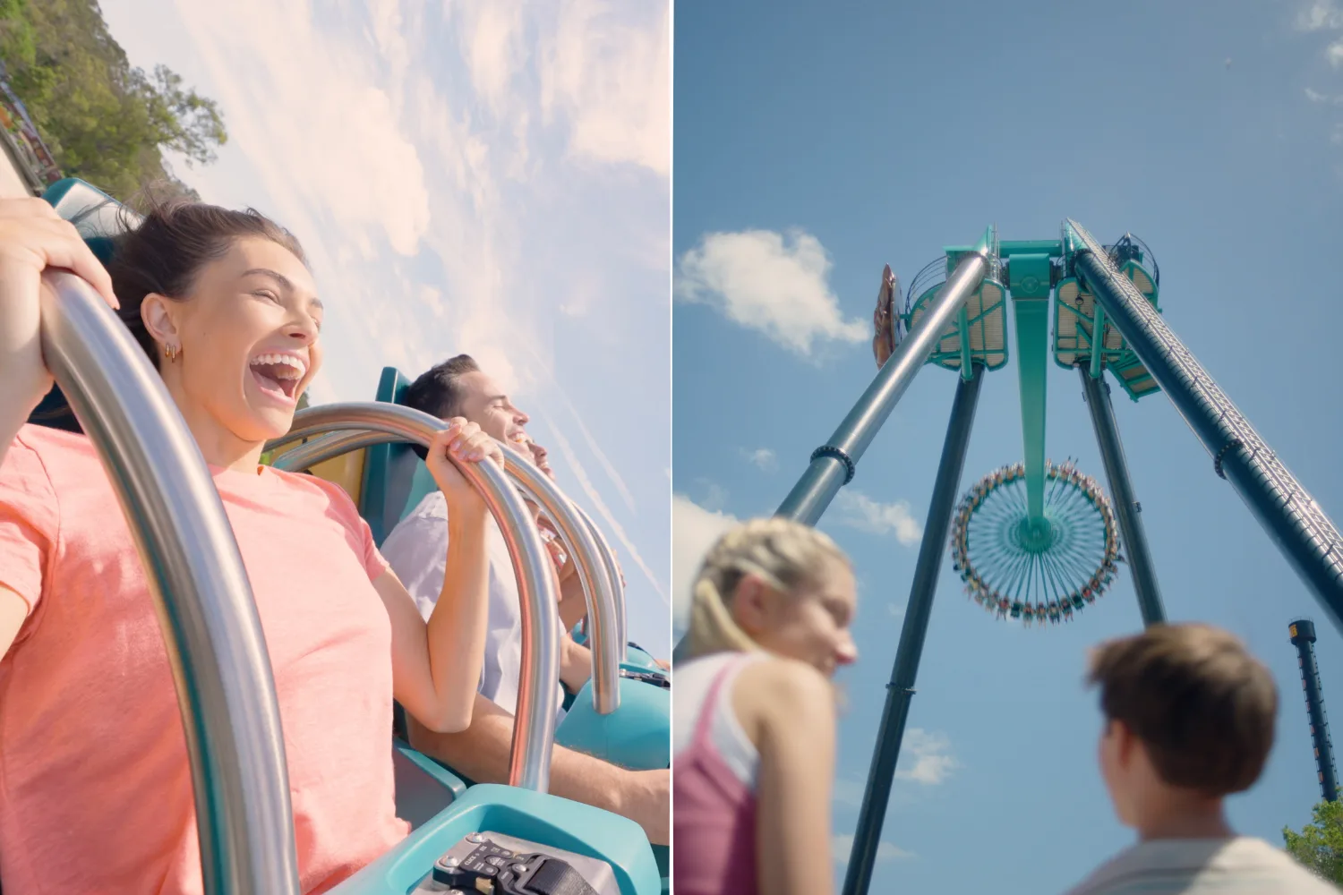 Visitors of Dreamworld Australia on a ride (left) and the new King Claw ride (right).