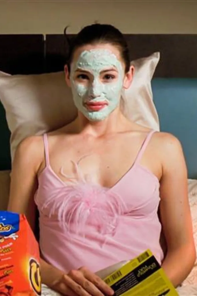 Sleepmaxxing: Woman sitting in bed with a green face mask on in a pink night gown.