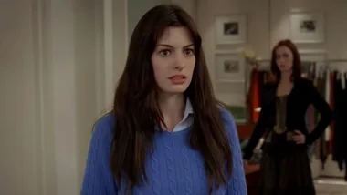 anne hathaway as andy wearing cerulean jumper in original the devil wears prada